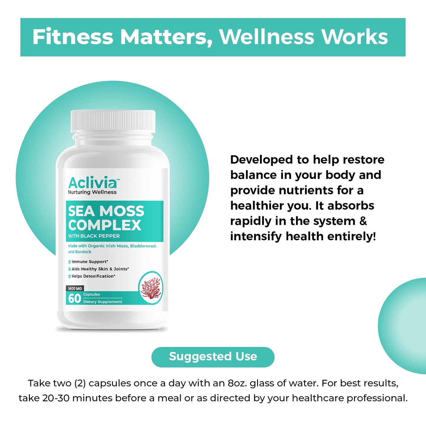 Aclivia Organic Irish Sea Moss Capsules with Bladderwrack & Burdock Root | 102 Minerals - Thyroid Support, Immune Boost - Non-GMO (60 Count)
