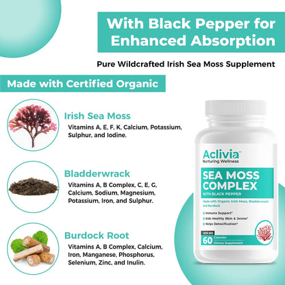 Aclivia Organic Irish Sea Moss Capsules with Bladderwrack & Burdock Root | 102 Minerals - Thyroid Support, Immune Boost - Non-GMO (60 Count)