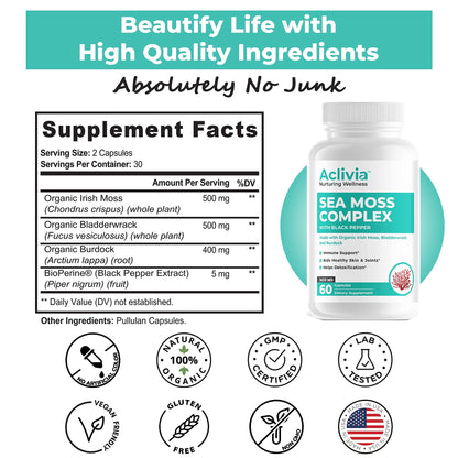 Aclivia Organic Irish Sea Moss Capsules with Bladderwrack & Burdock Root | 102 Minerals - Thyroid Support, Immune Boost - Non-GMO (60 Count)