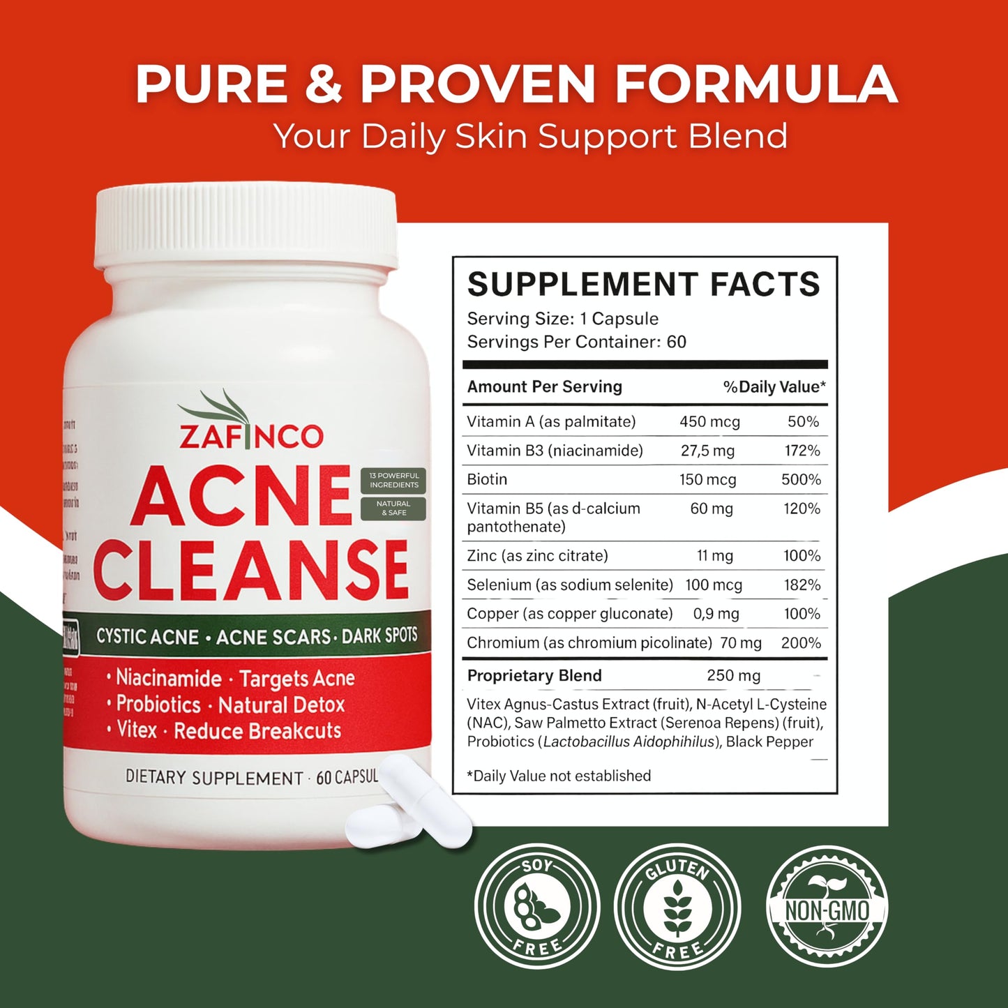 Acne Cleanse Capsules – Vitex Angus-Castus Extract, Niacinamide & Biotin for Teens & Adults | Organic Acne Treatment, 60 Count