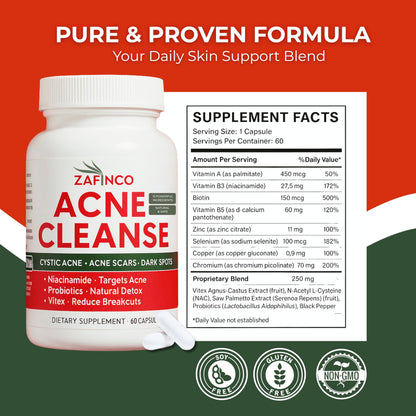 Acne Cleanse Capsules – Vitex Angus-Castus Extract, Niacinamide & Biotin for Teens & Adults | Organic Acne Treatment, 60 Count