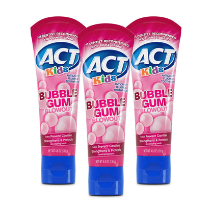 ACT Kids Anticavity Fluoride Toothpaste – Bubble Gum Blowout (4.6 oz, Pack of 3)