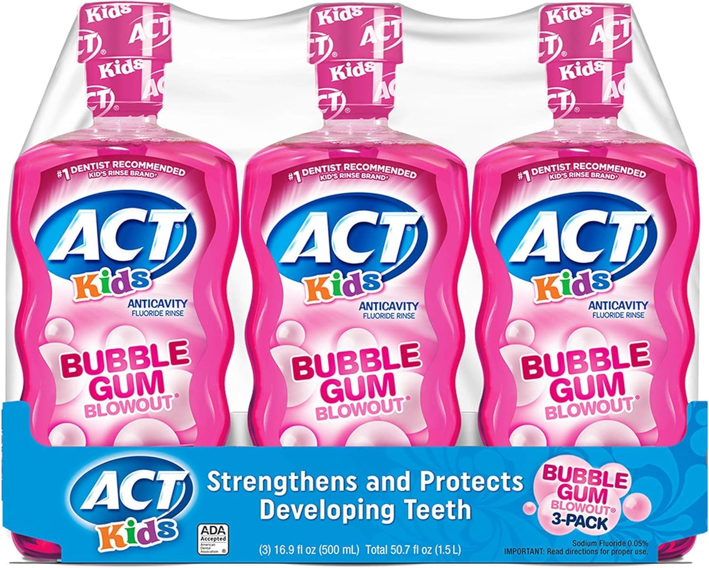 ACT Kids Fluoride Rinse Bubblegum Blowout Flavor – 18 oz Bottles (Pack of 3)