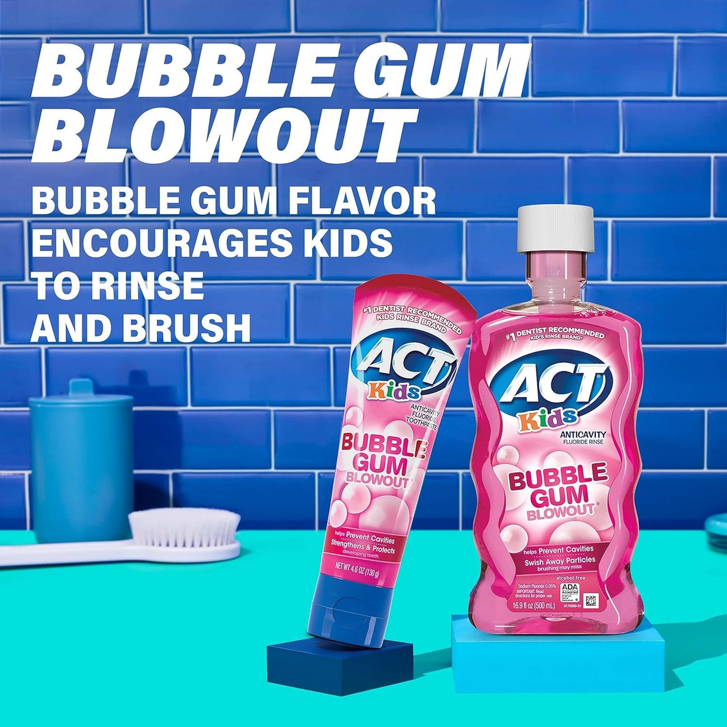 ACT Kids Fluoride Rinse Bubblegum Blowout Flavor – 18 oz Bottles (Pack of 3)