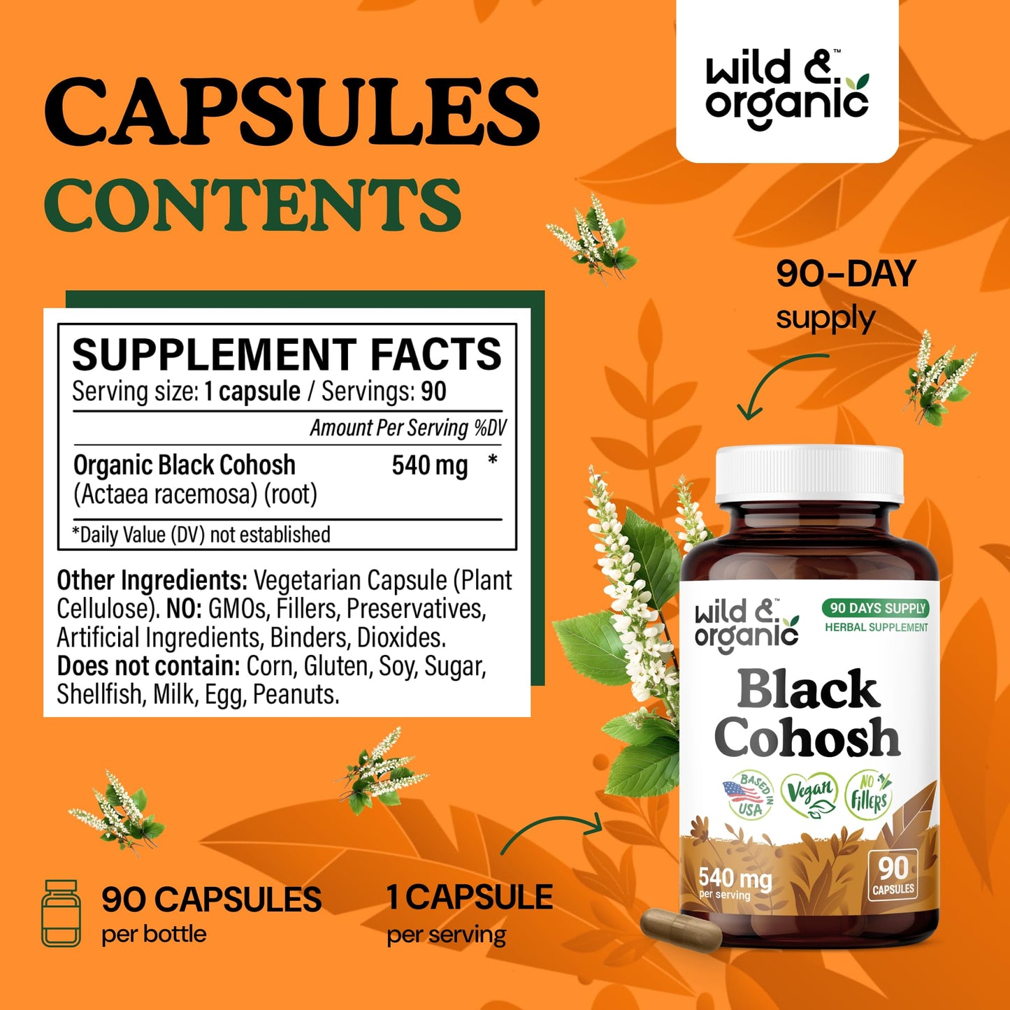 Wild & Organic Black Cohosh for Women Capsules 540 mg | Vegan, Non-GMO | 90-Count