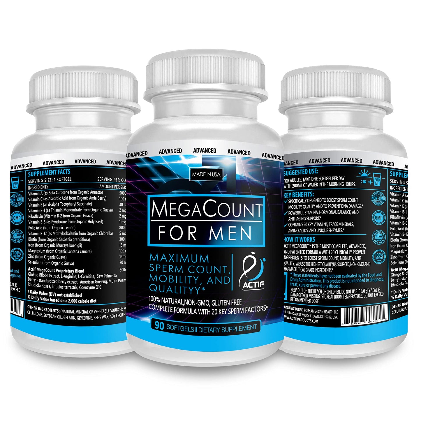 ACTIF MegaCount for Men - Maximum Fertility Support & Sperm Count Booster | 90 Softgels, USA Made, Non-GMO