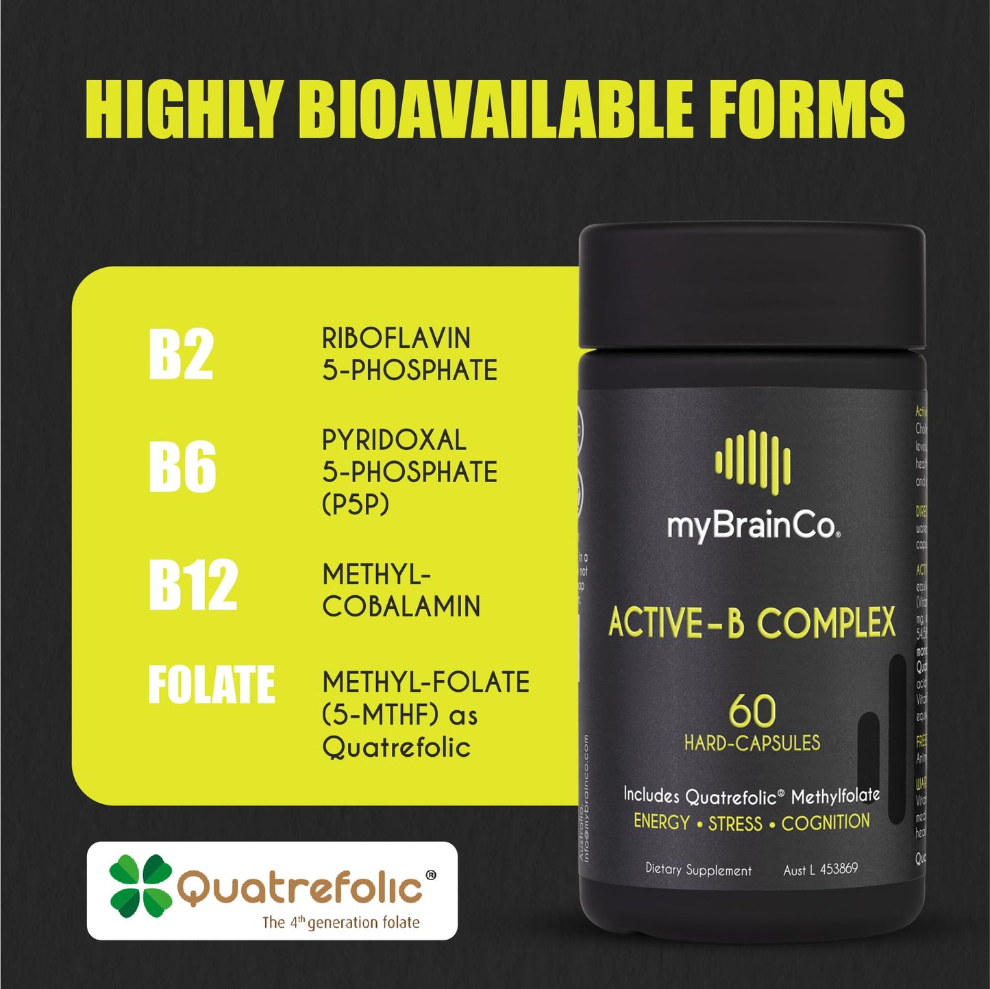 myBrainCo Active-B Complex – High-Strength Activated B Vitamins with B2, B6, B12 & 5-MTHF | Energy, Brain & Nervous System Support | 60 Vege-Capsules