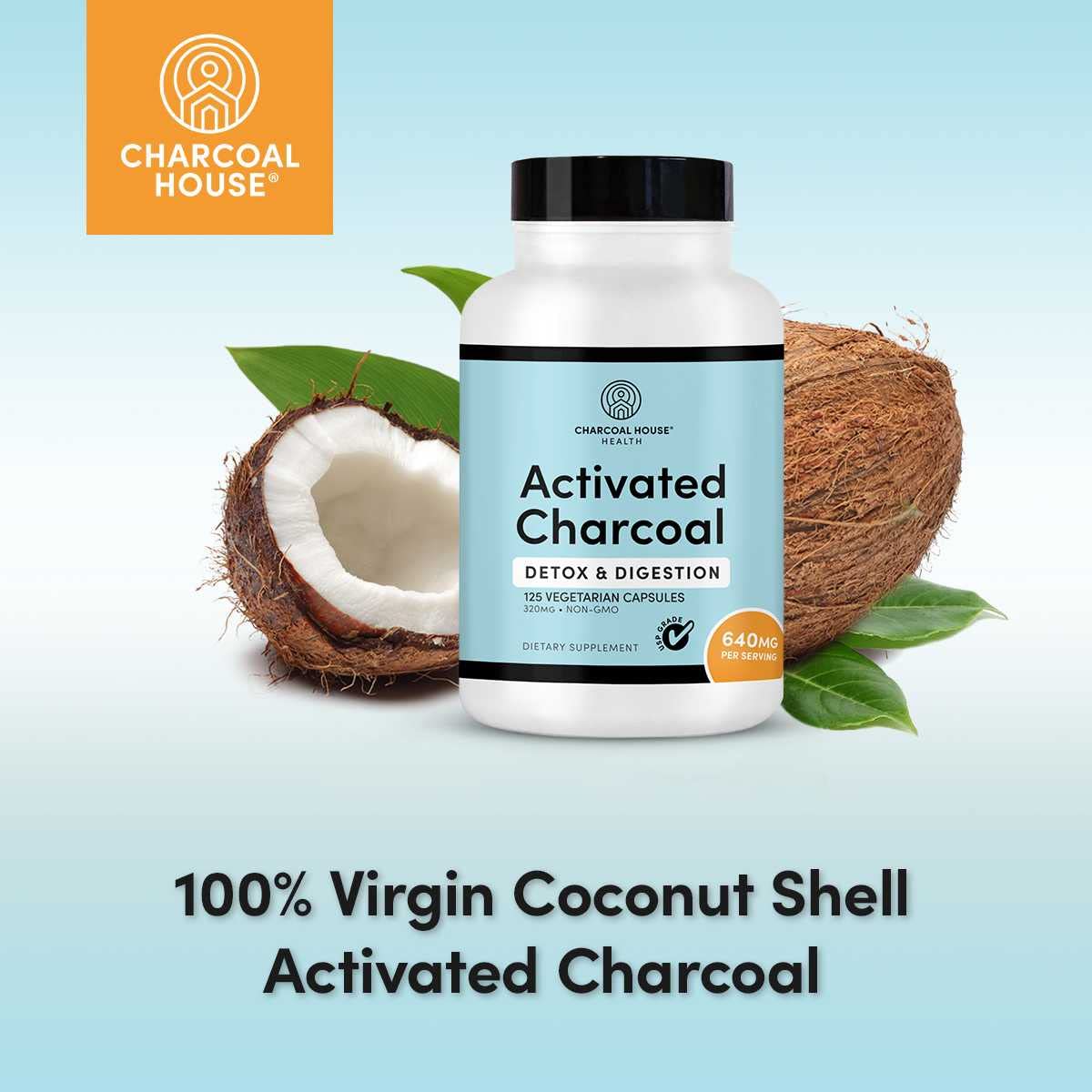 Activated Charcoal Capsules 125 Vegetarian Capsules 320mg - Vegan 100% Pure Coconut Shell Charcoal No Filler