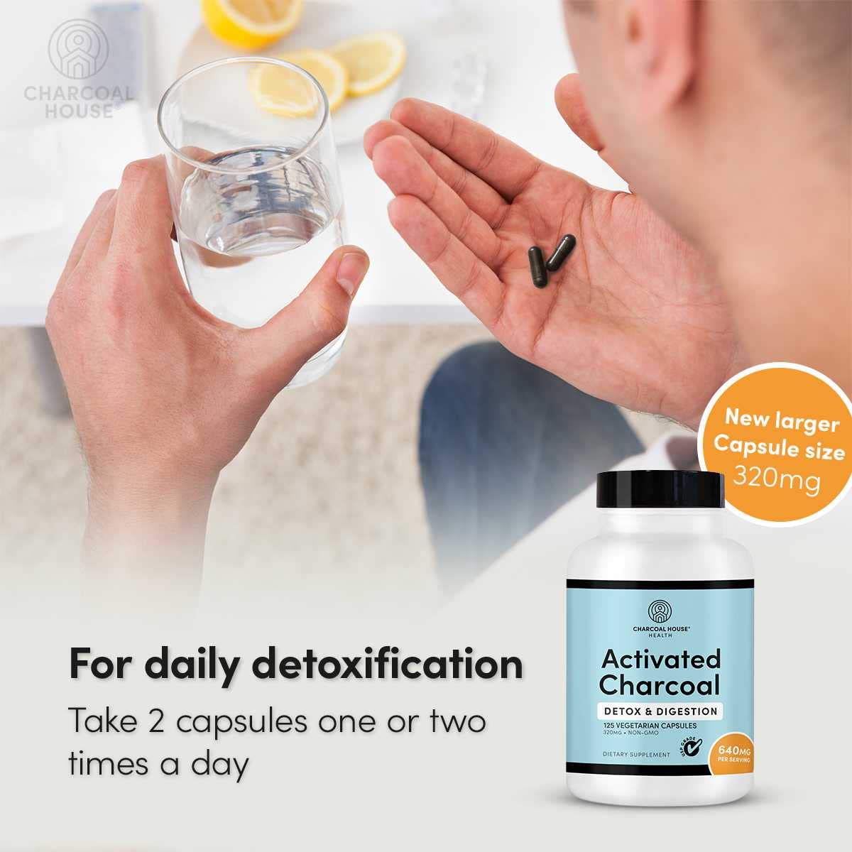 Activated Charcoal Capsules 125 Vegetarian Capsules 320mg - Vegan 100% Pure Coconut Shell Charcoal No Filler