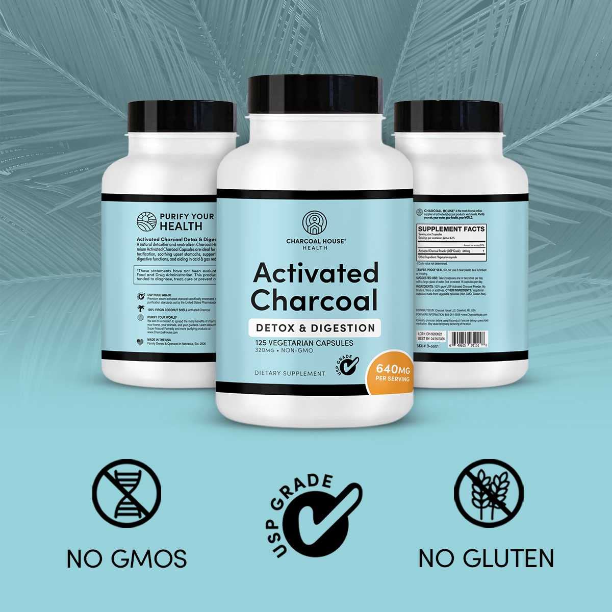 Activated Charcoal Capsules 125 Vegetarian Capsules 320mg - Vegan 100% Pure Coconut Shell Charcoal No Filler
