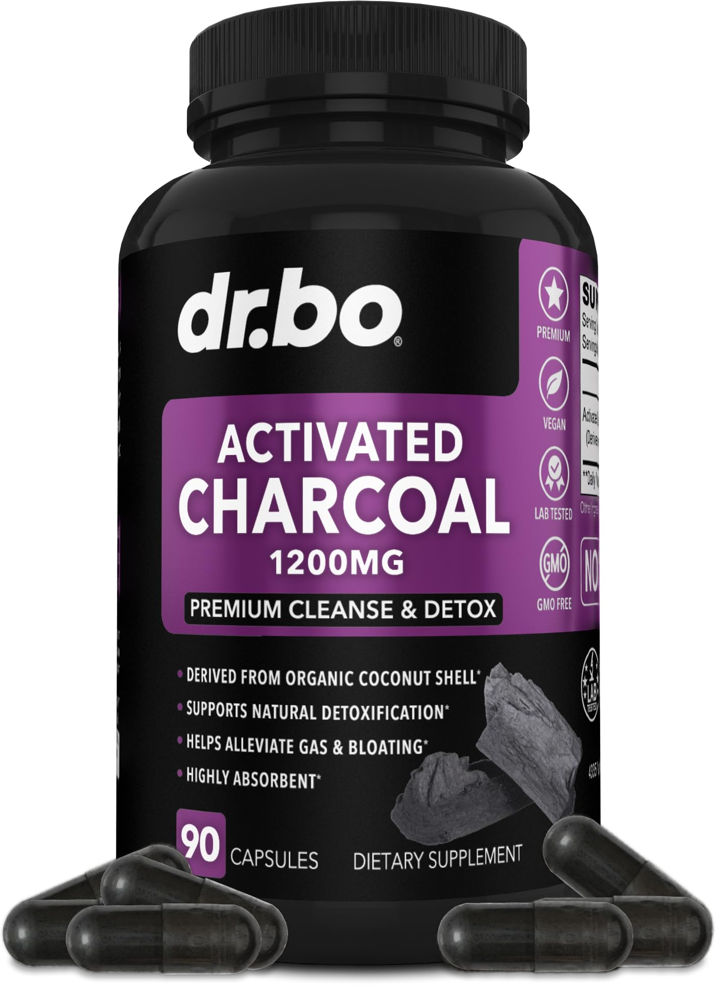Activated Charcoal Capsules Detox 1200mg – Organic Coconut Charcoal Pills for Gas & Bloating Relief