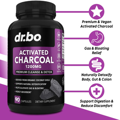 Activated Charcoal Capsules Detox 1200mg – Organic Coconut Charcoal Pills for Gas & Bloating Relief