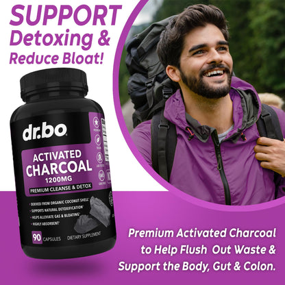 Activated Charcoal Capsules Detox 1200mg – Organic Coconut Charcoal Pills for Gas & Bloating Relief