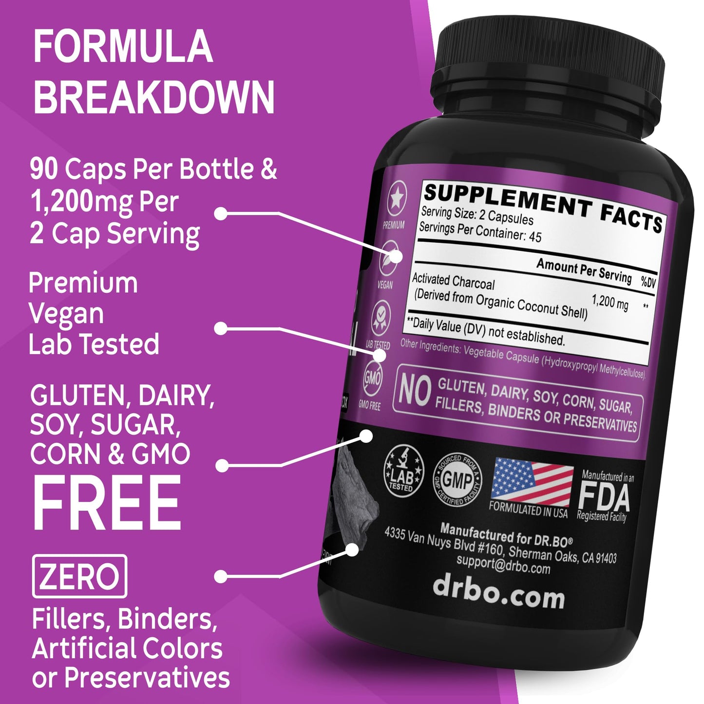 Activated Charcoal Capsules Detox 1200mg – Organic Coconut Charcoal Pills for Gas & Bloating Relief