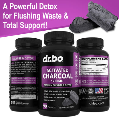 Activated Charcoal Capsules Detox 1200mg – Organic Coconut Charcoal Pills for Gas & Bloating Relief