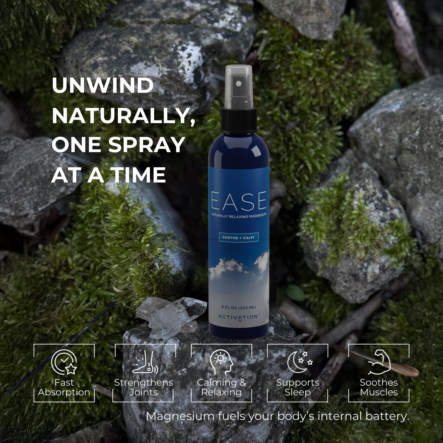 Activation Ease Magnesium Spray | 250 ml | Dead Sea Magnesium Chloride | Fast-Absorbing Topical Spray for Natural Balance and Relaxation