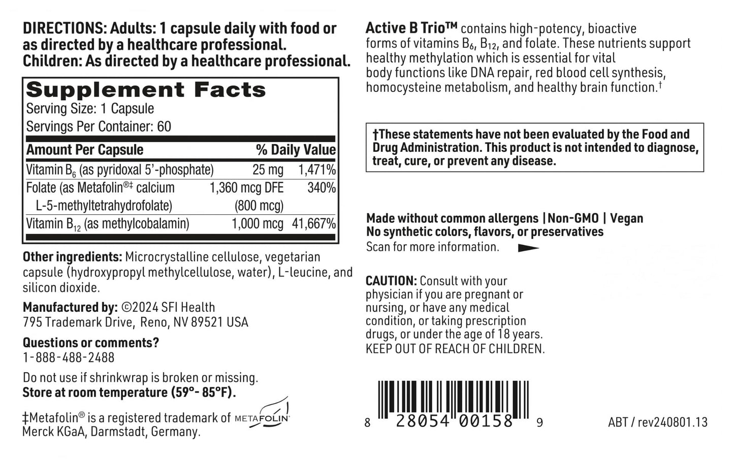 Active B Trio – Methylated B Complex (B6, B12, Folate) | Klaire Labs SFI Health (60 Capsules)