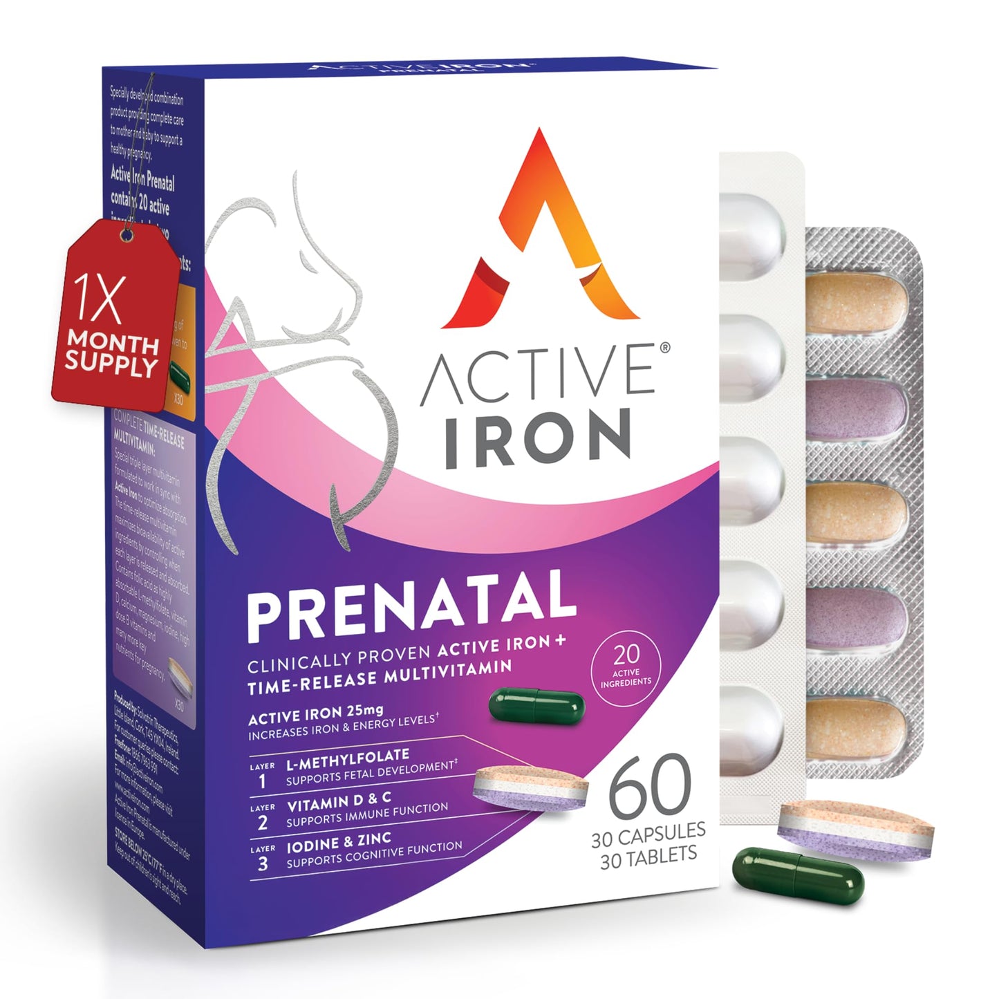Active Iron Prenatal | Iron + Time-Release Prenatal Vitamins for Women (60 Capsules)