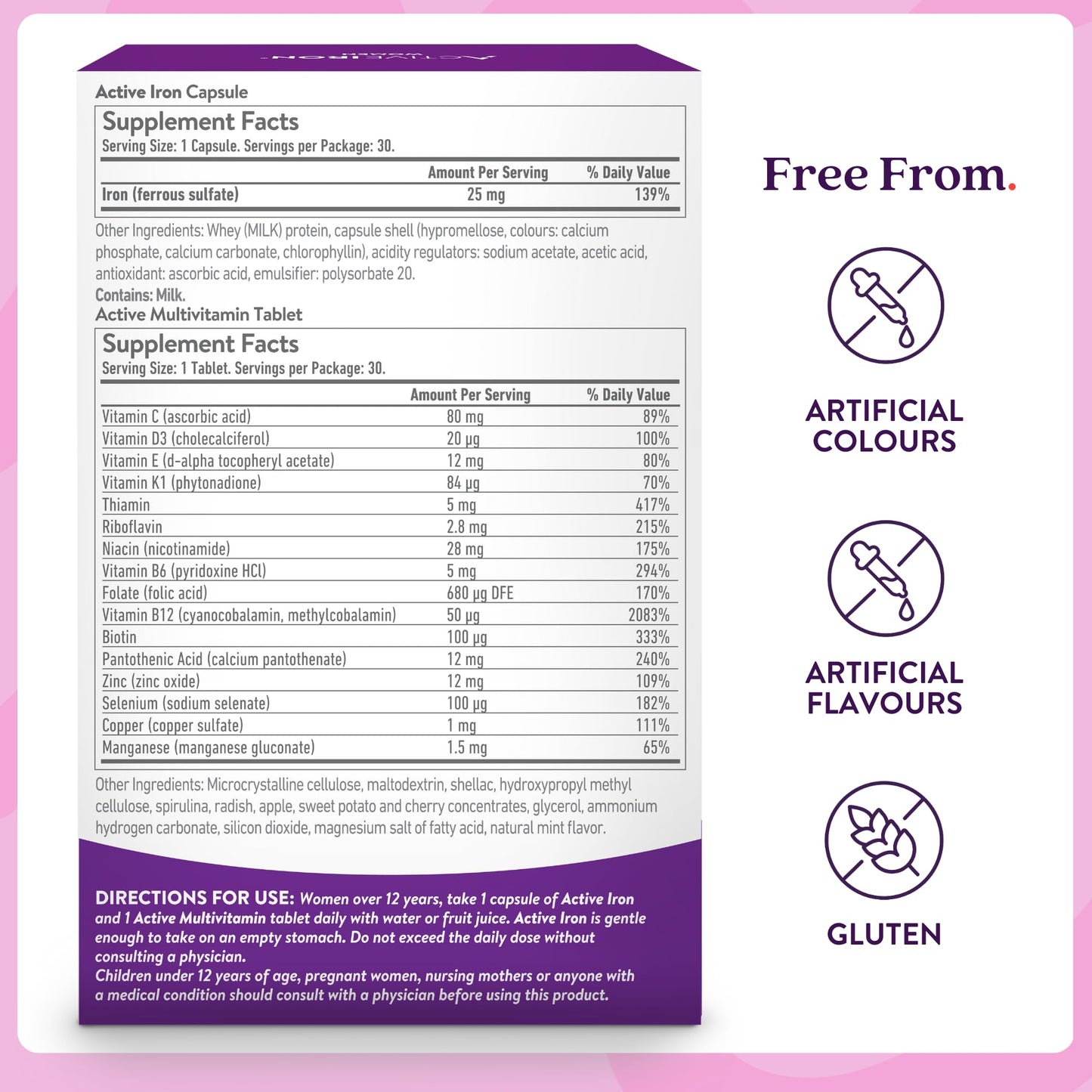 Active Iron 25mg + Women’s Multivitamin – Clinically Proven Energy Support (30 Capsules + 30 Tablets)