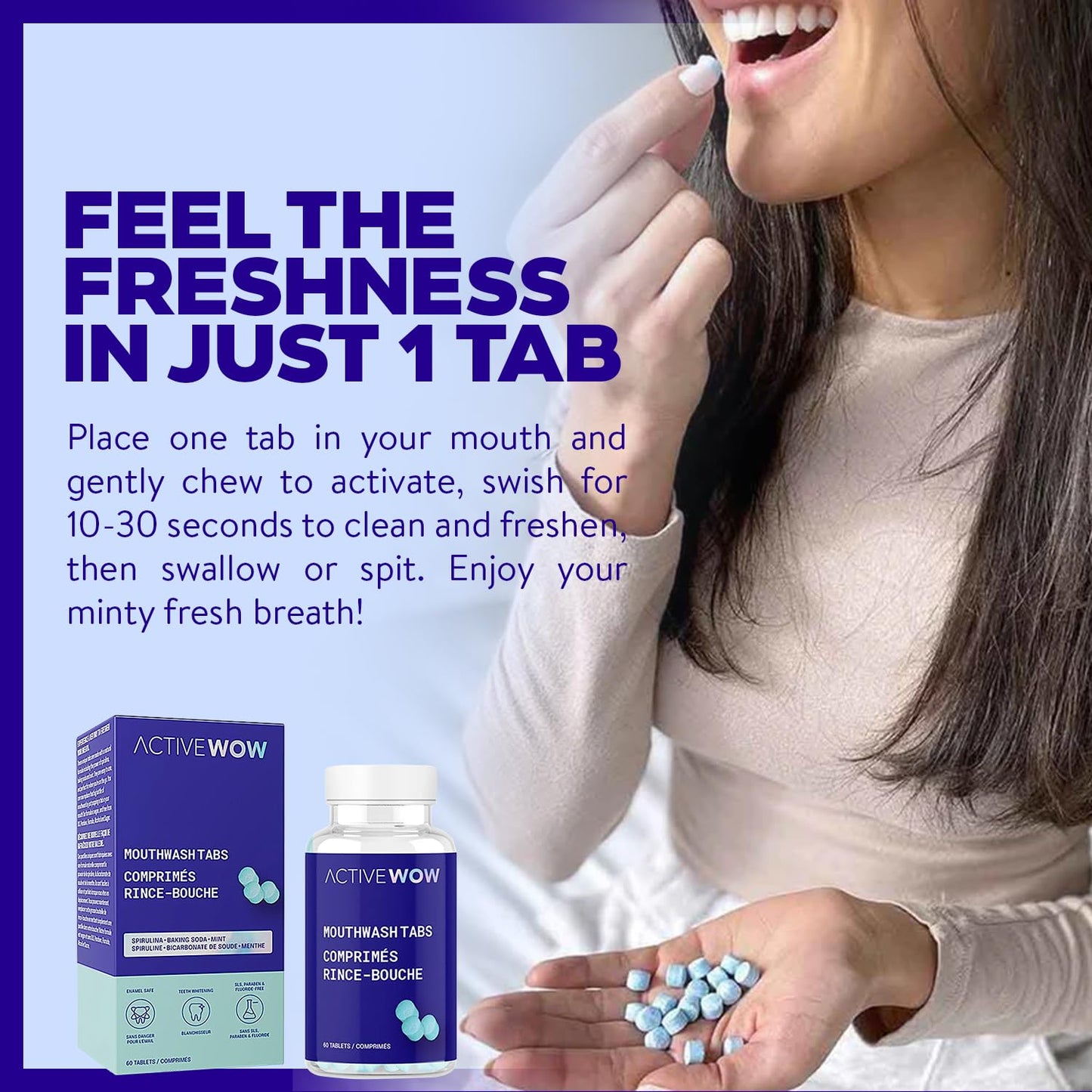Active Wow Mouthwash Tablets - Mint Chewable 60-Tab Pack, Fluoride-Free, Alcohol-Free, Vegan