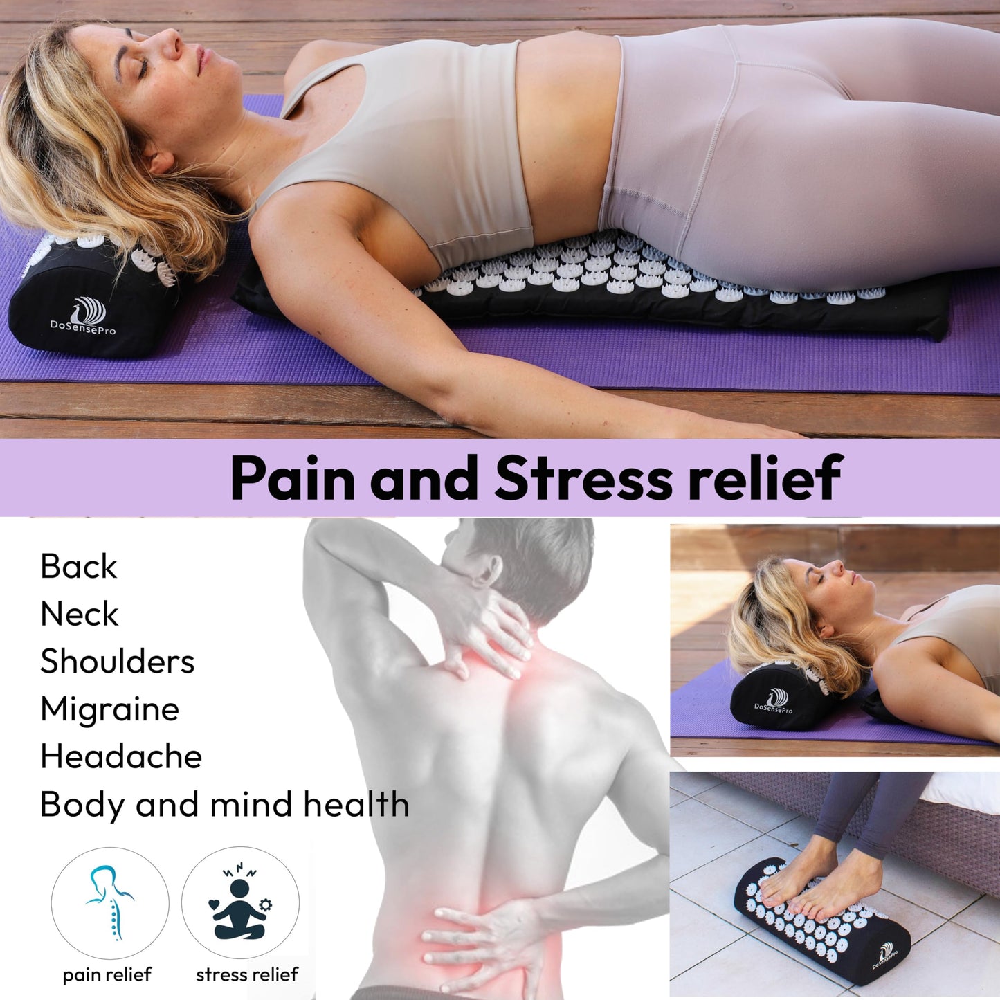 Acupressure Mat & Pillow Set - Back Pain Relief, Sleep Aid, Recovery (Black) | 29-Inch