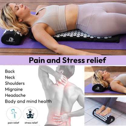 Acupressure Mat & Pillow Set - Back Pain Relief, Sleep Aid, Recovery (Black) | 29-Inch