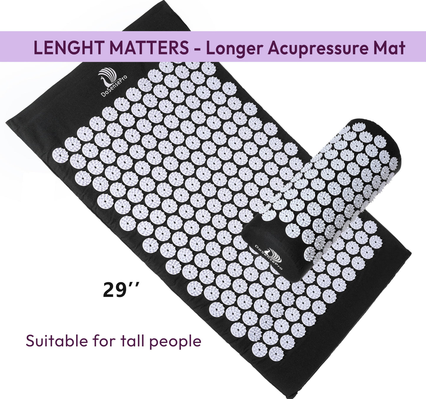 Acupressure Mat & Pillow Set - Back Pain Relief, Sleep Aid, Recovery (Black) | 29-Inch