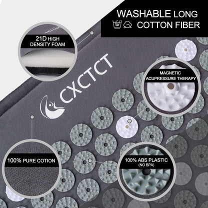 Extra Long Yoga Acupressure Mat Set with Magnetic Points – Full-Body Massage Pillow for Neck & Back Pain Relief (Grey)