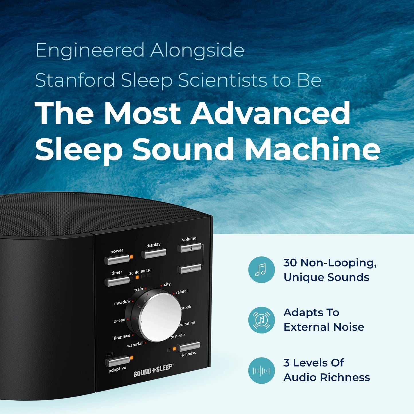 Sound+Sleep High Fidelity Sleep Sound Machine by Adaptive Sound Technologies — 30 Non-Looping Nature Sounds & Sleep Timer