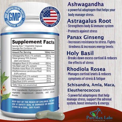 Adaptogen Stress Relief Immune Support Formula - Ashwagandha, Ginseng & 9 Herbs, 60 Capsules (Pack of 2)