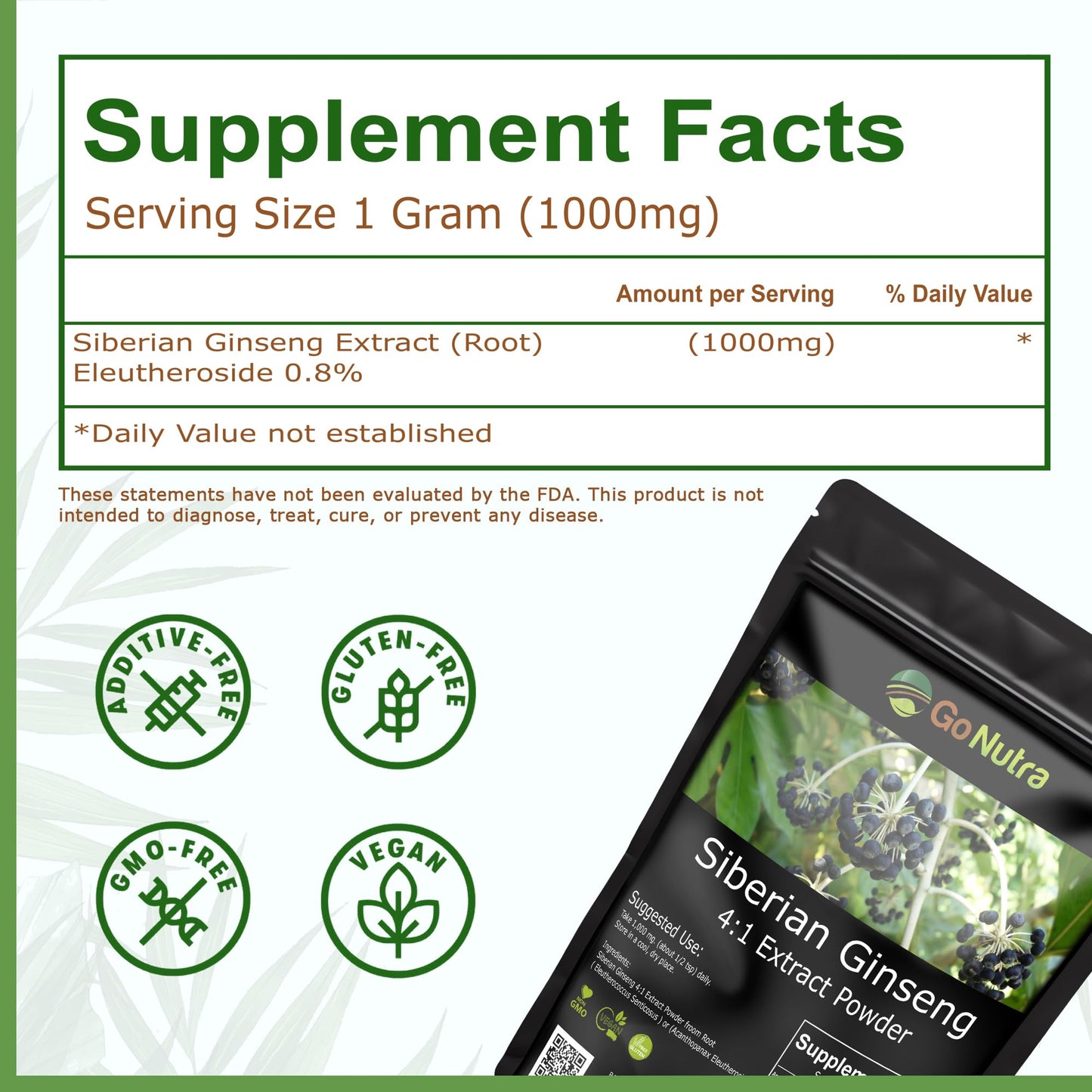 Go Nutra Siberian Ginseng - Eleuthero Root Powder 4:1 Extract | Energy & Stamina | Non-GMO | 4 oz