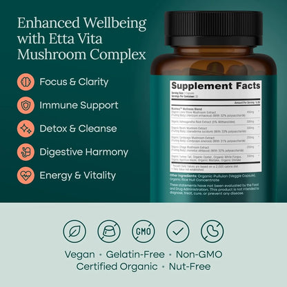 USDA Organic Lion's Mane + Ashwagandha: 10x Mushroom Complex (18,600mg/serv) for Focus & Immunity