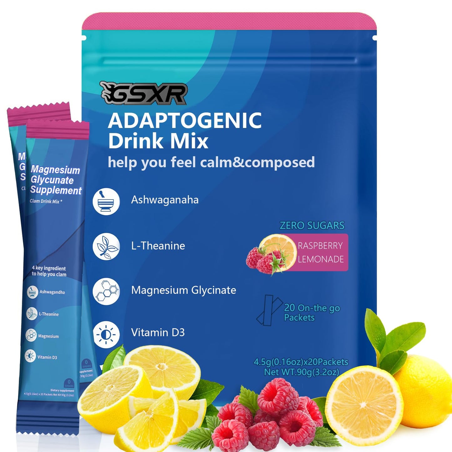 Adaptogenic Powder Drink Mix – Raspberry Lemonade, Calm Magnesium Glycinate with Ashwagandha & Vitamin D3, 3.2 oz, 20 Servings, No Sugar, Non-GMO