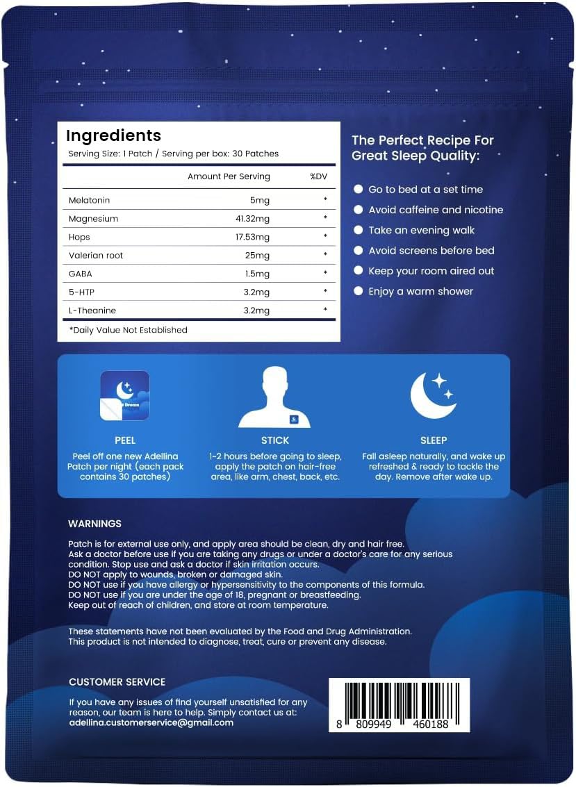 Adellina Sleep Patches - Extra Strength Sleep Aid for Adults (30 Patches) | All-Natural & Cruelty-Free