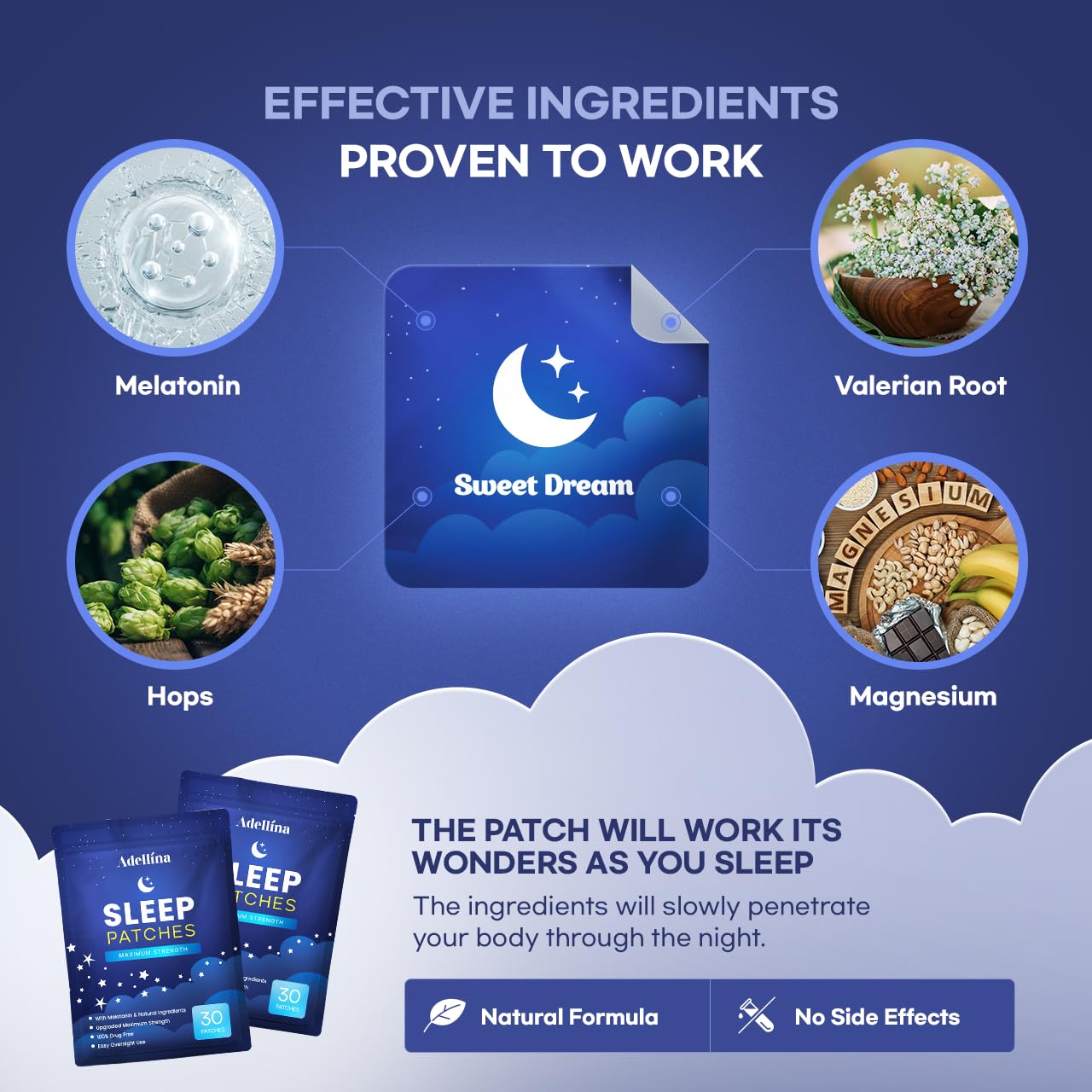 Adellina Sleep Patches - Extra Strength Sleep Aid for Adults (30 Patches) | All-Natural & Cruelty-Free