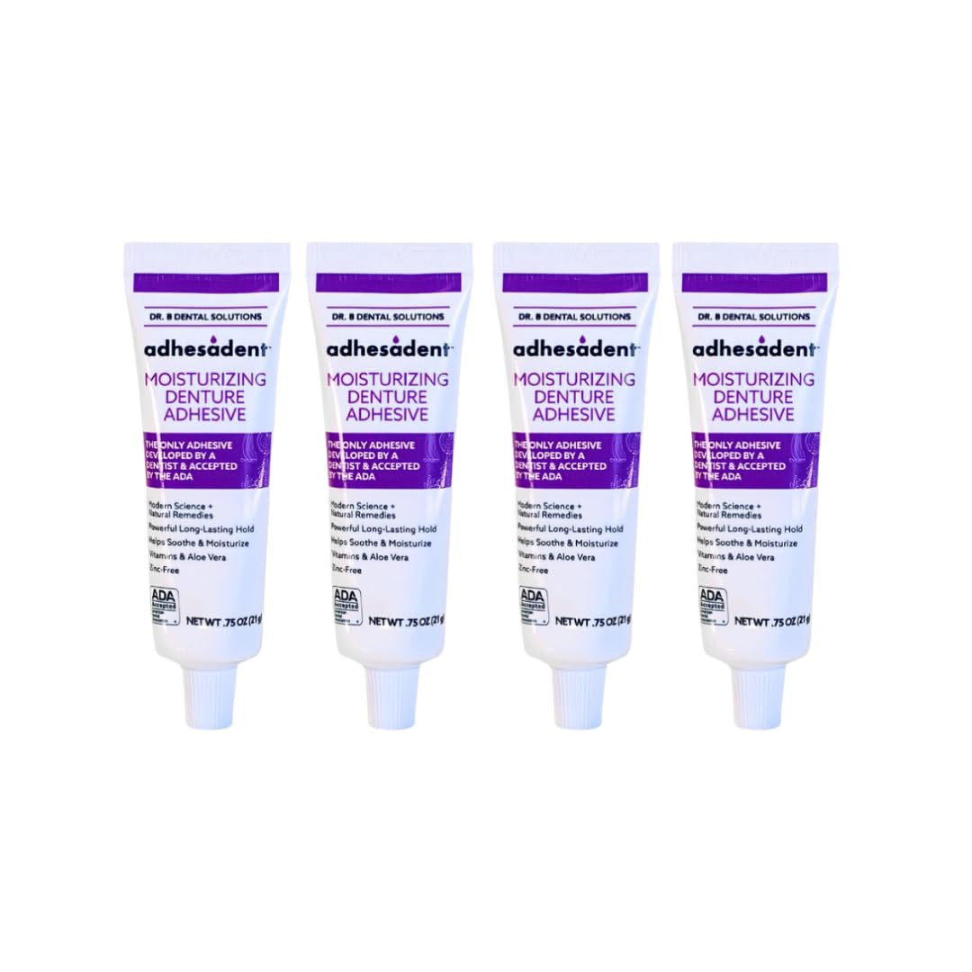 Dr. B Adhesadent Moisturizing Denture Adhesive – Zinc-Free, Natural Taste, ADA Approved – 4×0.75 oz Travel Pack