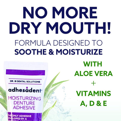 Dr. B Adhesadent Moisturizing Denture Adhesive – Zinc-Free, Natural Taste, ADA Approved – 4×0.75 oz Travel Pack