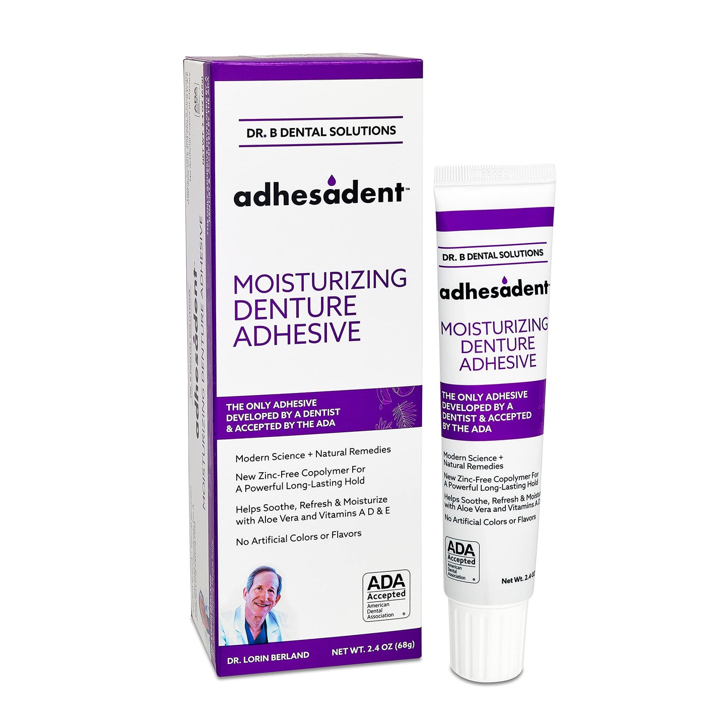 Dr. B Dental Solutions Adhesadent Moisturizing Denture Adhesive - Zinc-Free, Secure Hold for Dentures and Overdentures - Natural Taste | 2.4 oz