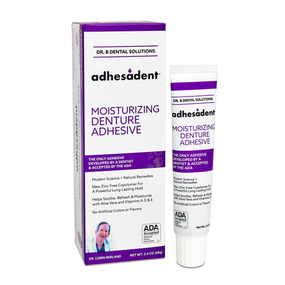 Dr. B Dental Solutions Adhesadent Moisturizing Denture Adhesive - Zinc-Free, Secure Hold for Dentures and Overdentures - Natural Taste | 2.4 oz