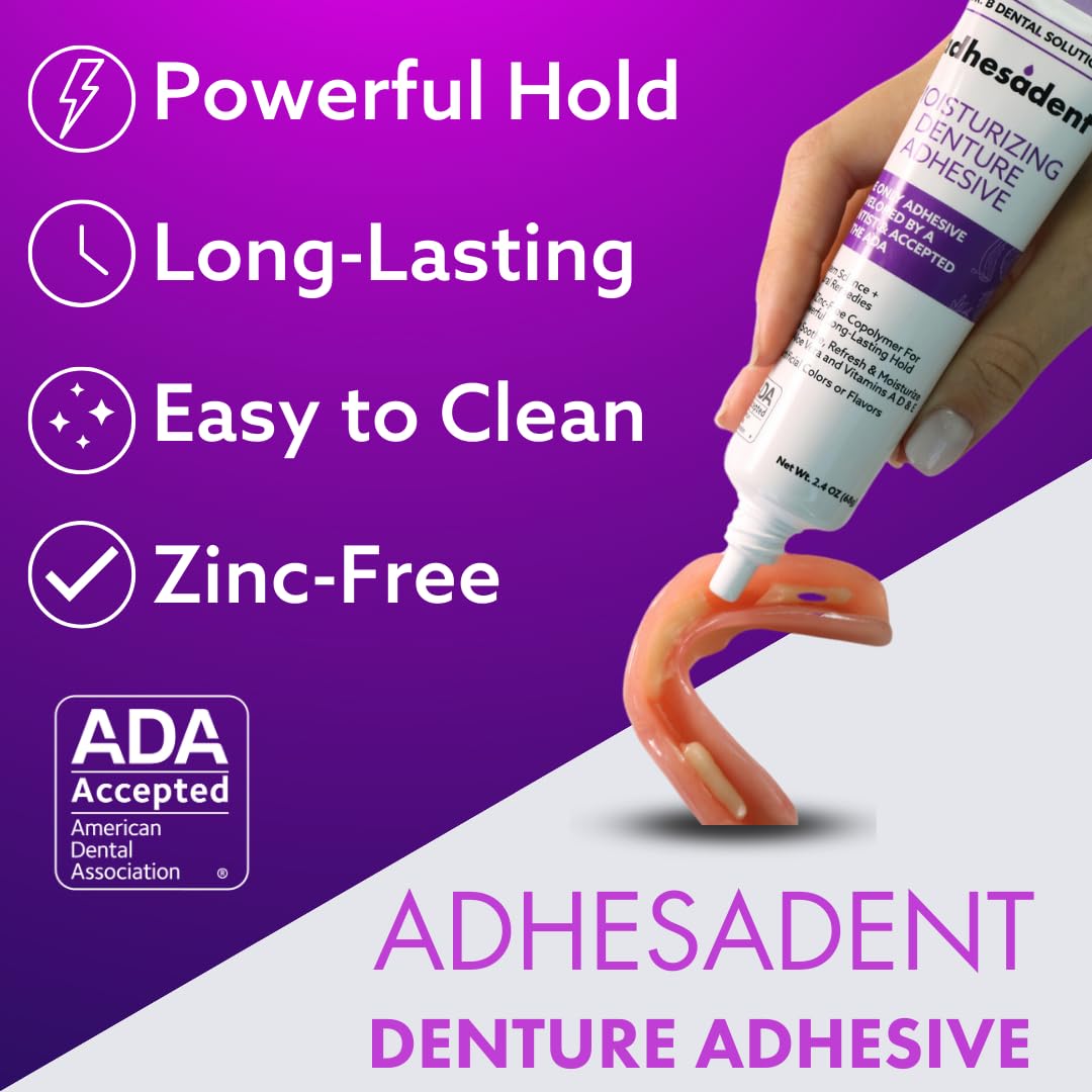 Dr. B Dental Solutions Adhesadent Moisturizing Denture Adhesive - Zinc-Free, Secure Hold for Dentures and Overdentures - Natural Taste | 2.4 oz