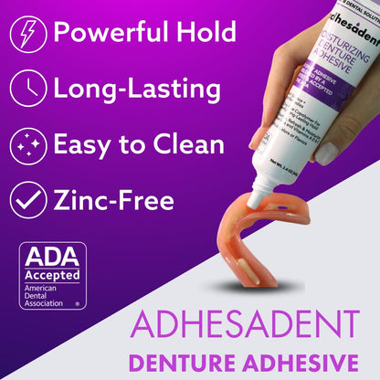 Dr. B Dental Solutions Adhesadent Moisturizing Denture Adhesive - Zinc-Free, Secure Hold for Dentures and Overdentures - Natural Taste | 2.4 oz