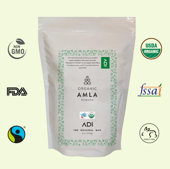 ADI Organic Amla Powder 8oz - 100% Pure Amalaki, Hair Growth Support, USDA Organic