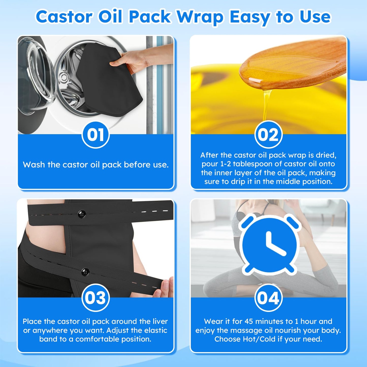 Castor Oil Pack Wrap Kit – 10 Pcs Reusable Organic Cotton with Adjustable Straps (Black)