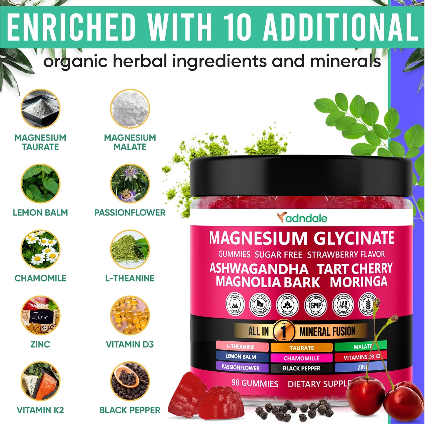 Adndale 90ct 15-in-1 Magnesium Glycinate Gummies (400 mg/serv) – with Magnesium Malate, Ashwagandha, Tart Cherry, Zinc & Vitamins K2 & D3