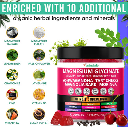 Adndale 90ct 15-in-1 Magnesium Glycinate Gummies (400 mg/serv) – with Magnesium Malate, Ashwagandha, Tart Cherry, Zinc & Vitamins K2 & D3