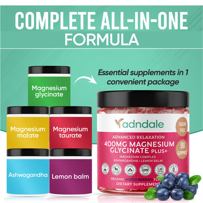 Adndale 90 ct Magnesium Glycinate Gummies with Ashwagandha & Taurate – Sugar-Free