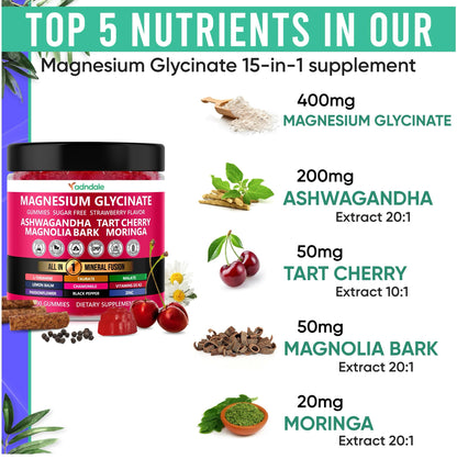 Adndale 90ct 15-in-1 Magnesium Glycinate Gummies (400 mg/serv) – with Magnesium Malate, Ashwagandha, Tart Cherry, Zinc & Vitamins K2 & D3