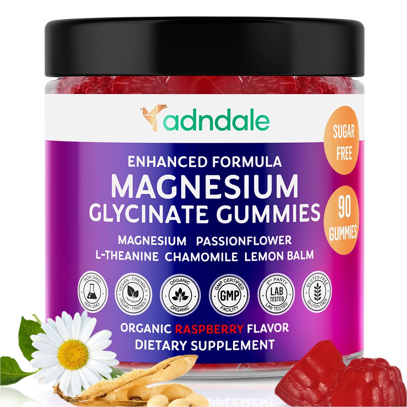 Adndale Pure Magnesium Glycinate Gummies - 90ct Sugar Free with L-Theanine & Herbs