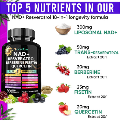 Adndale NAD Resveratrol Supplement – Liposomal NAD+ NMN Alternative 18-in-1 Fusion (90 Capsules)