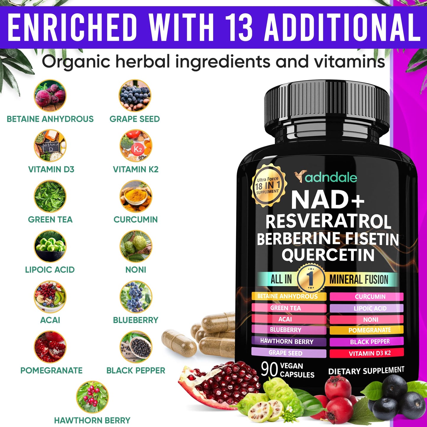 Adndale NAD Resveratrol Supplement – Liposomal NAD+ NMN Alternative 18-in-1 Fusion (90 Capsules)